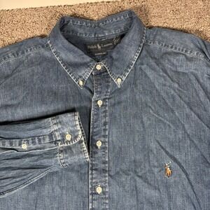Polo Ralph Lauren Chambray Shirt Mens 2XLT Blue Denim Flesh Pony Long Sleeve